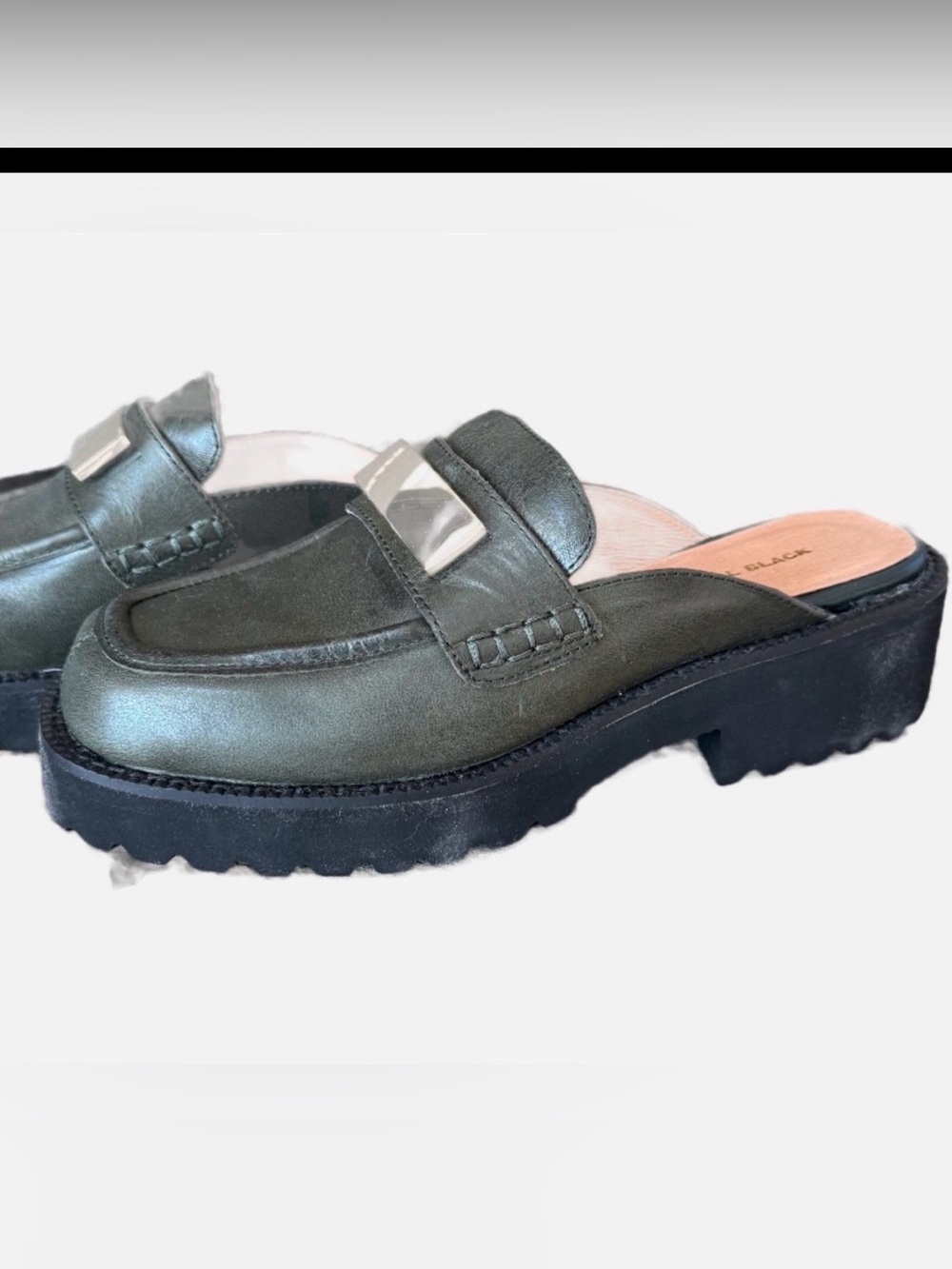 ALL BLACK Olive Green Leather Slip On Mules with gold flat buckle